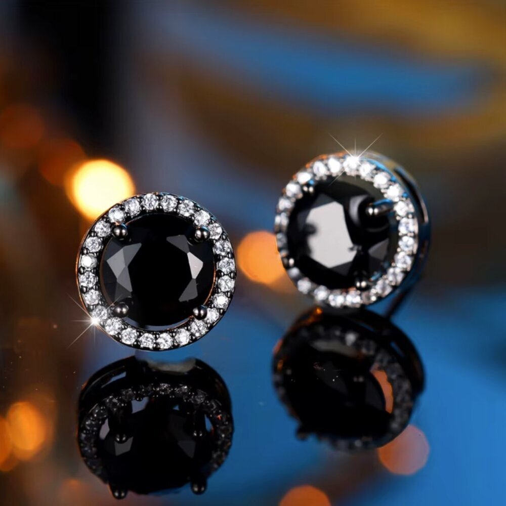NEW 14k Black Gold Black Sapphire Diamond Stud Earrings Round Cut - Picture 2 of 6